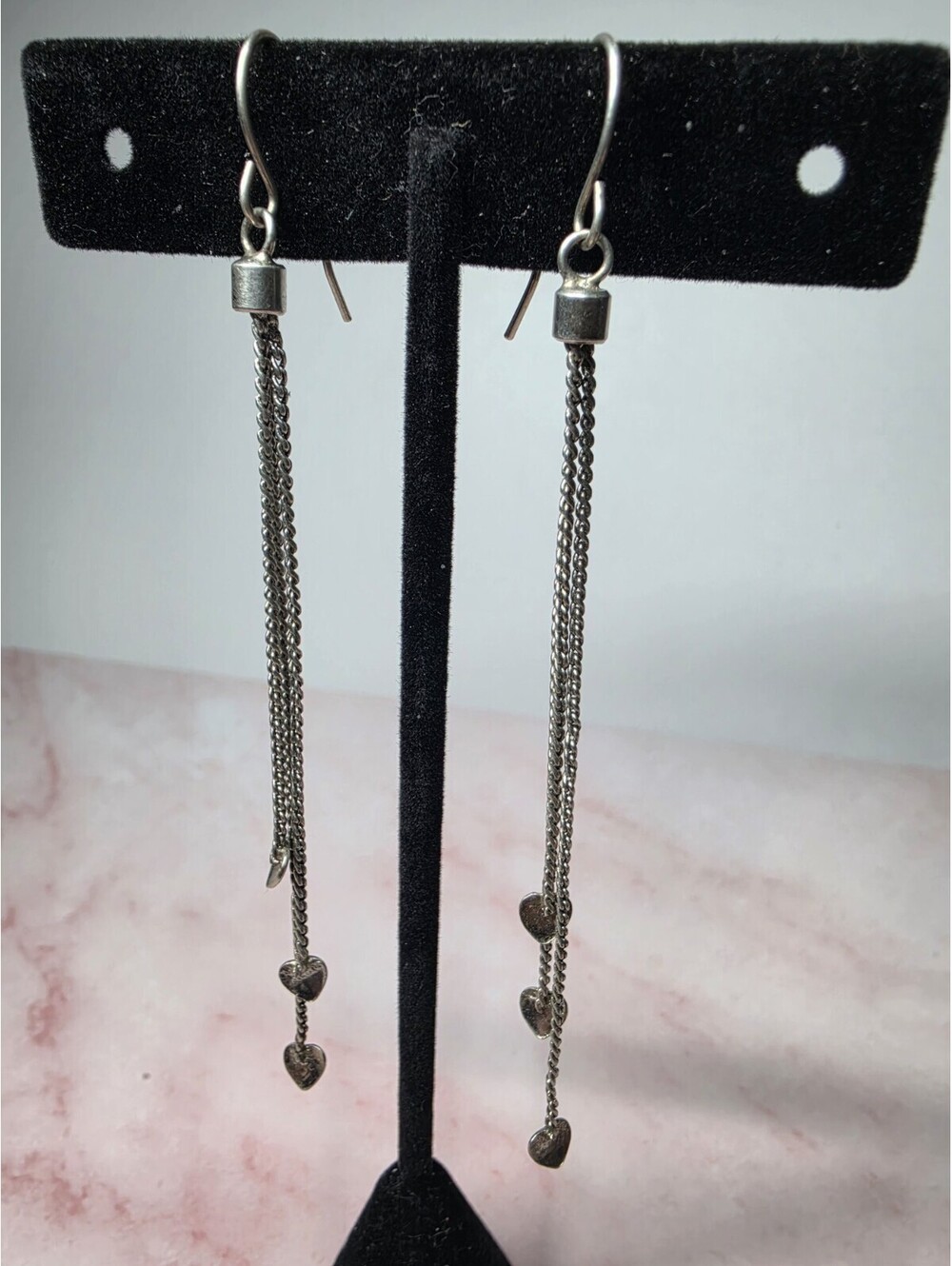 Silver Tone Multi Strand Cascading Heart Dangle Earrings